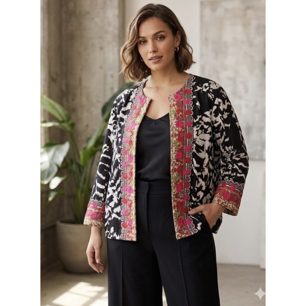 Choices Embroidered Mix Print Open Front 3/4 Sleeve Colorful Blazer Size Large.